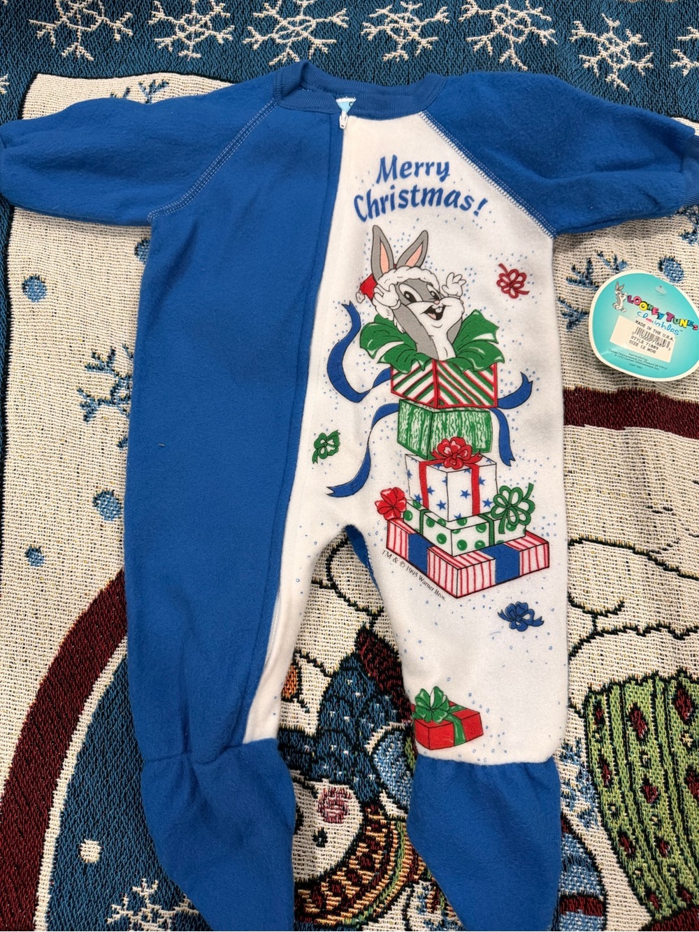 NWT Baby Looney Tunes Gerber Blue Christmas Bunny One-Piece 12 MO